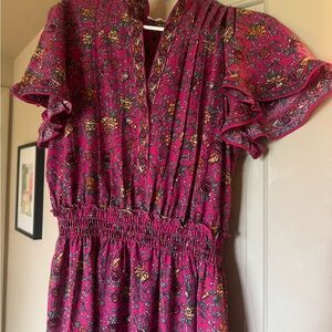 Max Studio Red Floral Tiered Maxi Dress Size L Flutter Sleeve